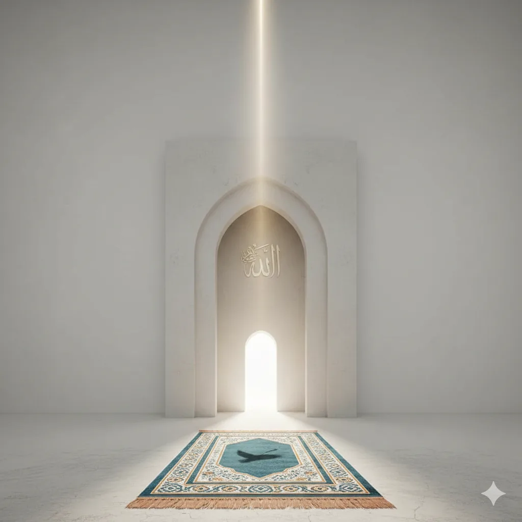 Arche de prière baignée de lumière, avec calligraphie et tapis, évoquant la prière funéraire (Salat al-Janaza)