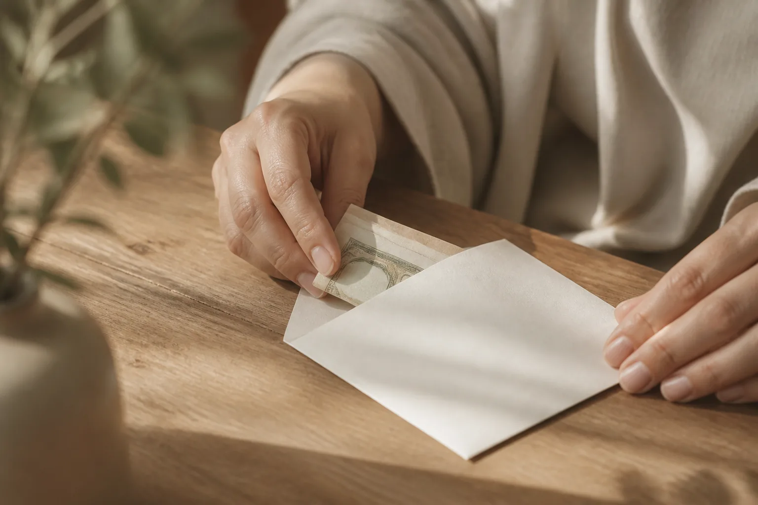 Mains déposant des billets dans une enveloppe lors d'une collecte communautaire