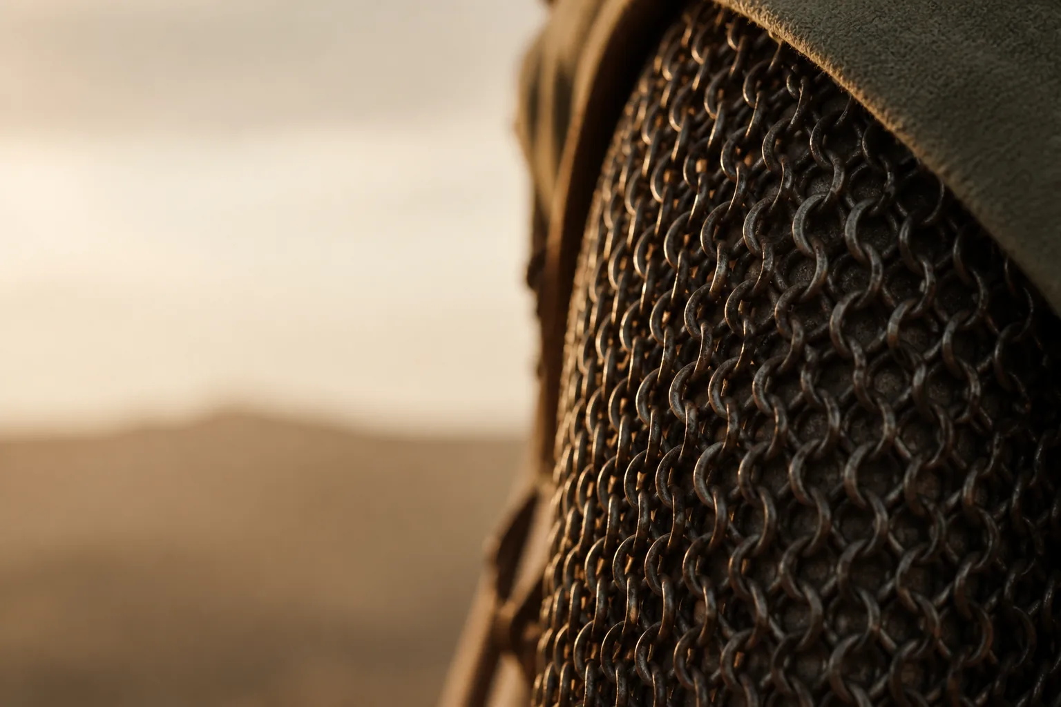 Armure ancienne posée sur un support, évoquant la cotte de mailles du Prophète